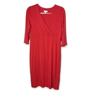 J Jill Coral Red Crossover Midi Jersey Dress 3/4 sleeves Size S